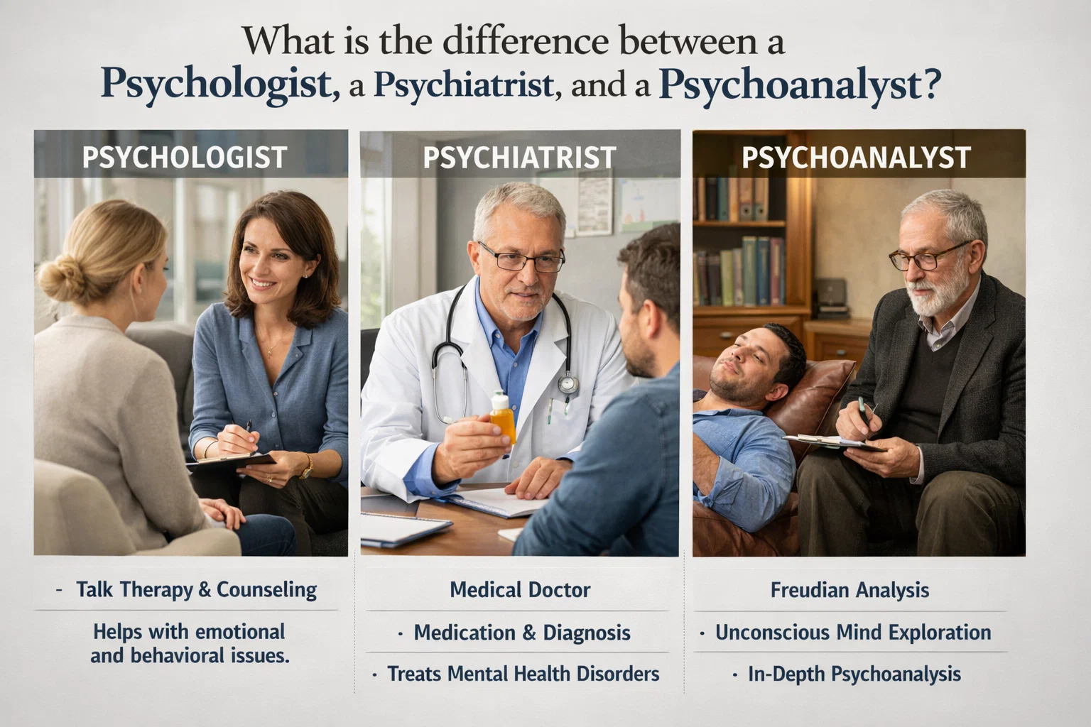 What is the difference between a psychologist, a psychiatrist, and a psychoanalyst?