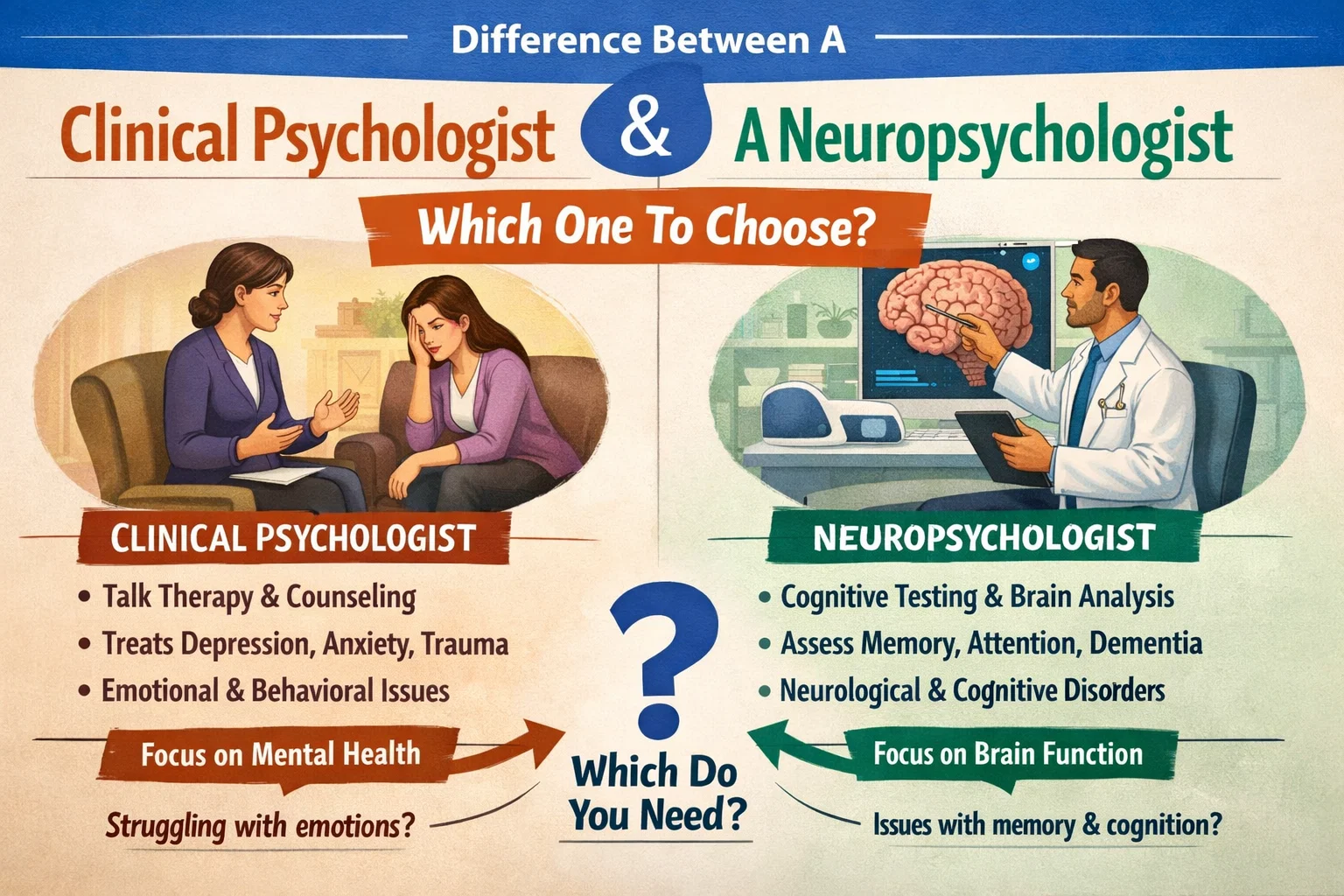 Difference between a clinical psychologist and a neuropsychologist: which one to choose?